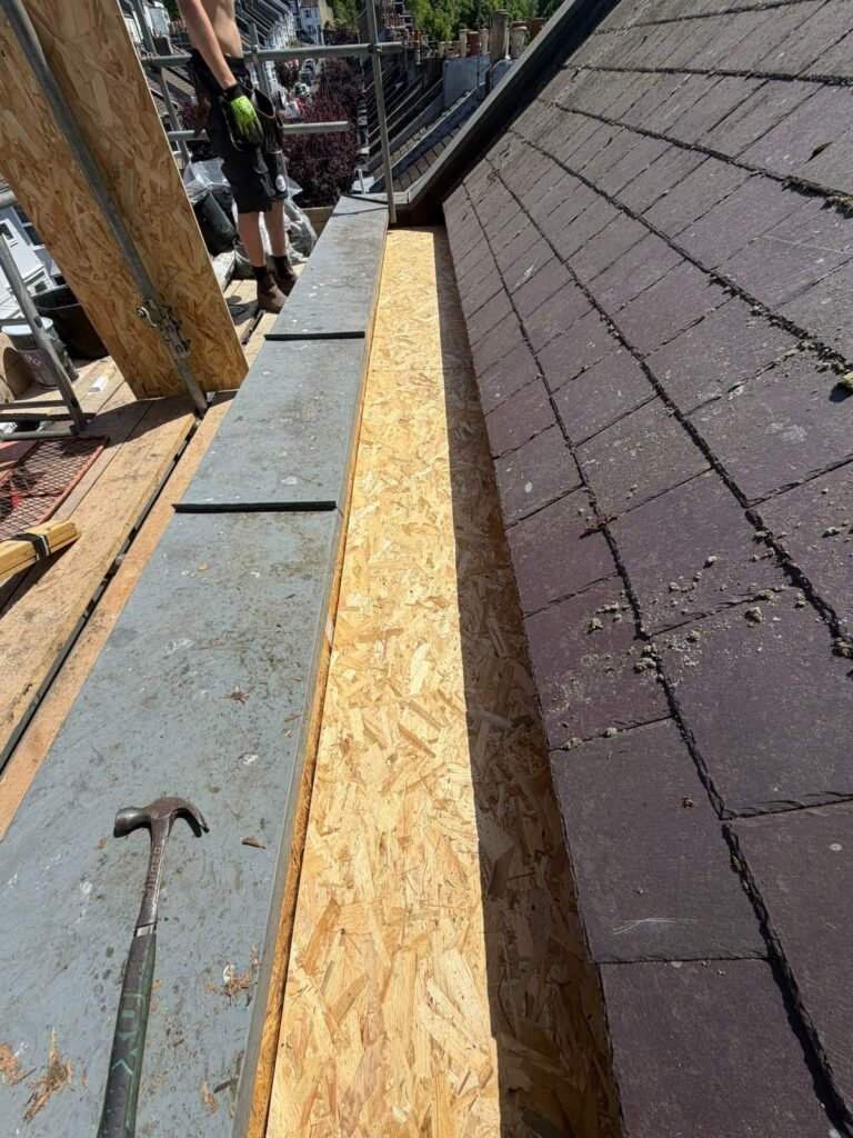 Roof valley boarded during repair