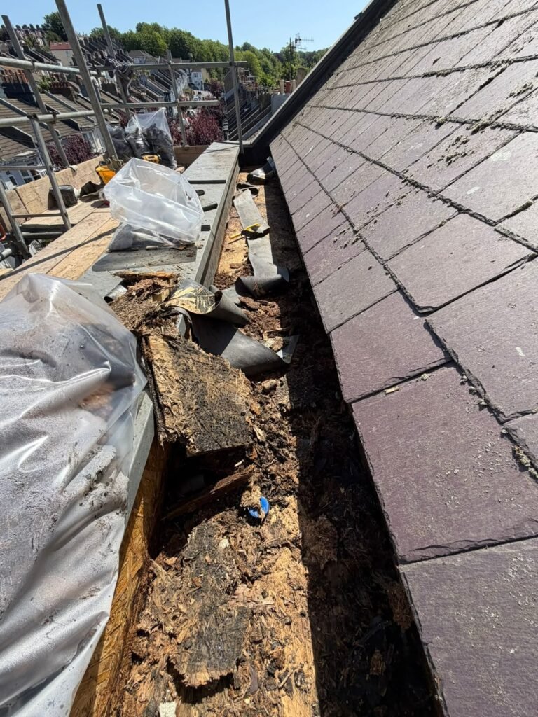 Roof valley stripped back ready for repair