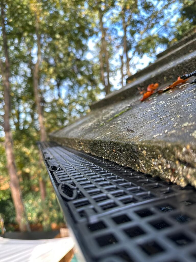 Gutter guard mesh fitted to keep leaves out of the gutter